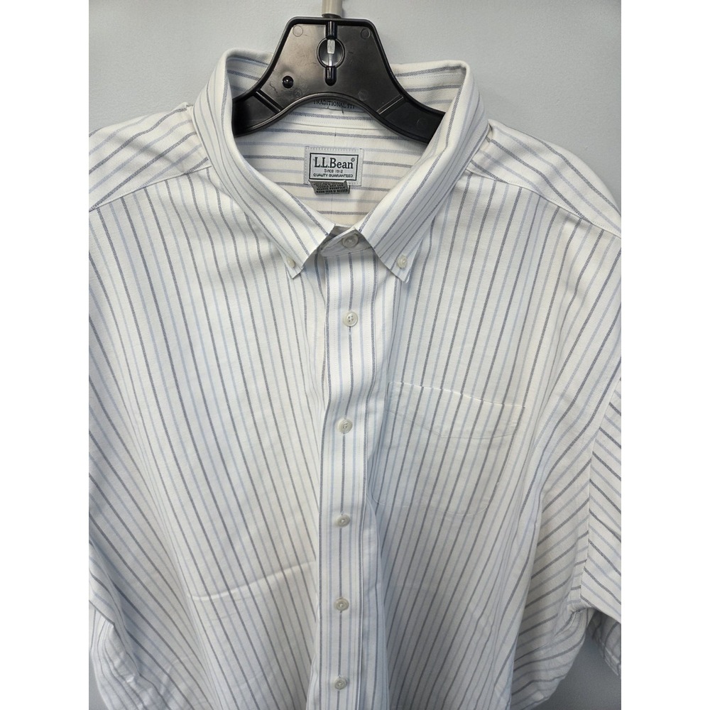 LL Bean Oxford Shirt Mens 18 Reg Blue Stripe Wrinkle Resistant Button Up SS